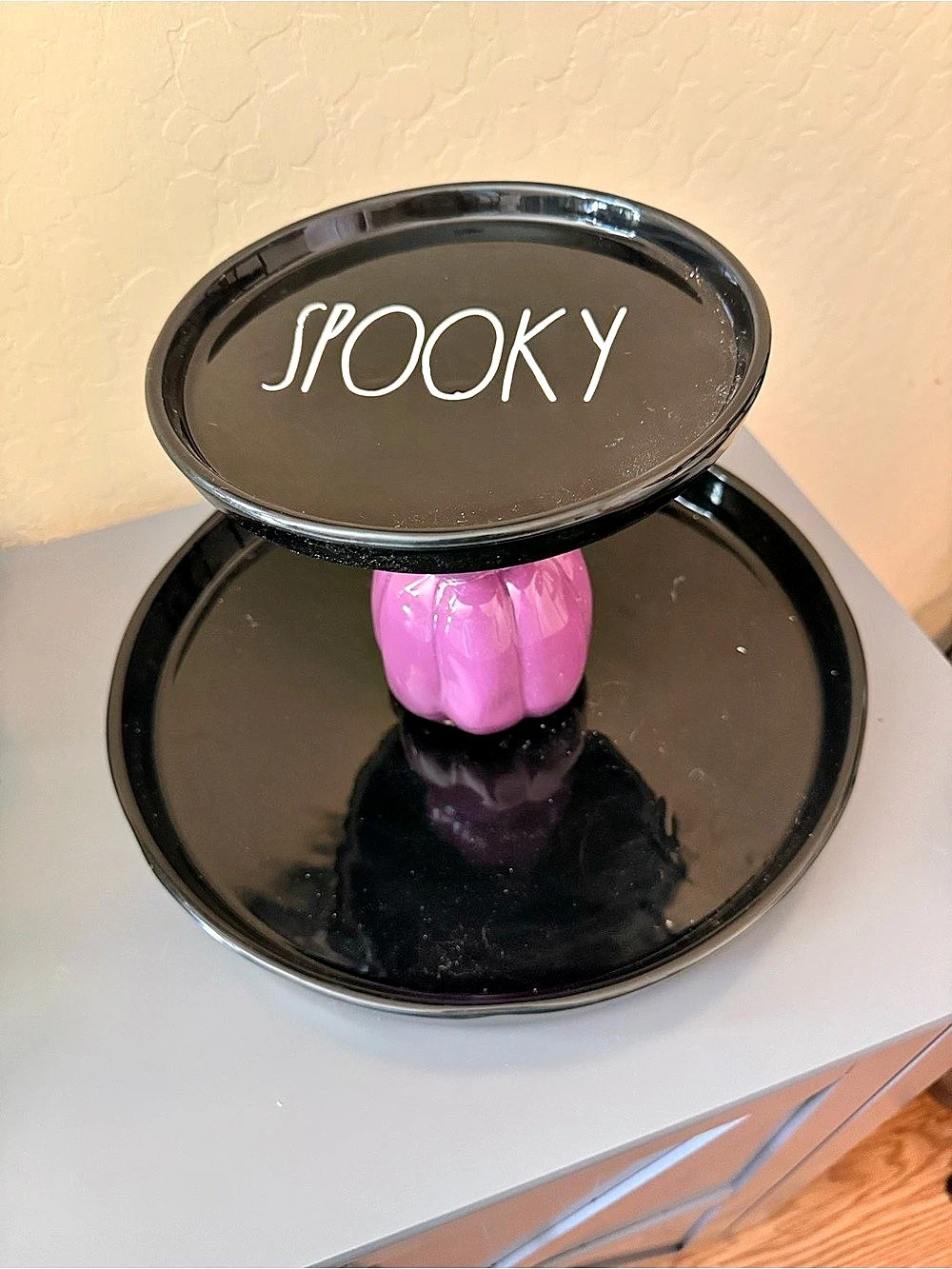 Rae Dunn Halloween Spooky Black Tiered Tray with Purple Pumpkin Stem & Purple Ti